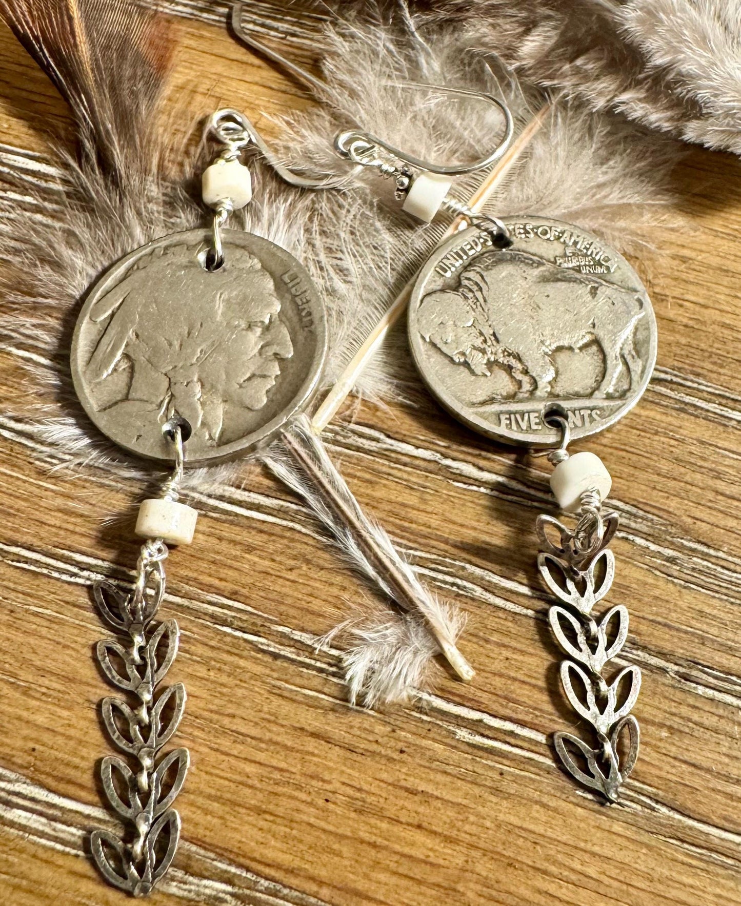 Indian head buffalo nickel earrings with chain and white turquoise gemstone / coin earrings