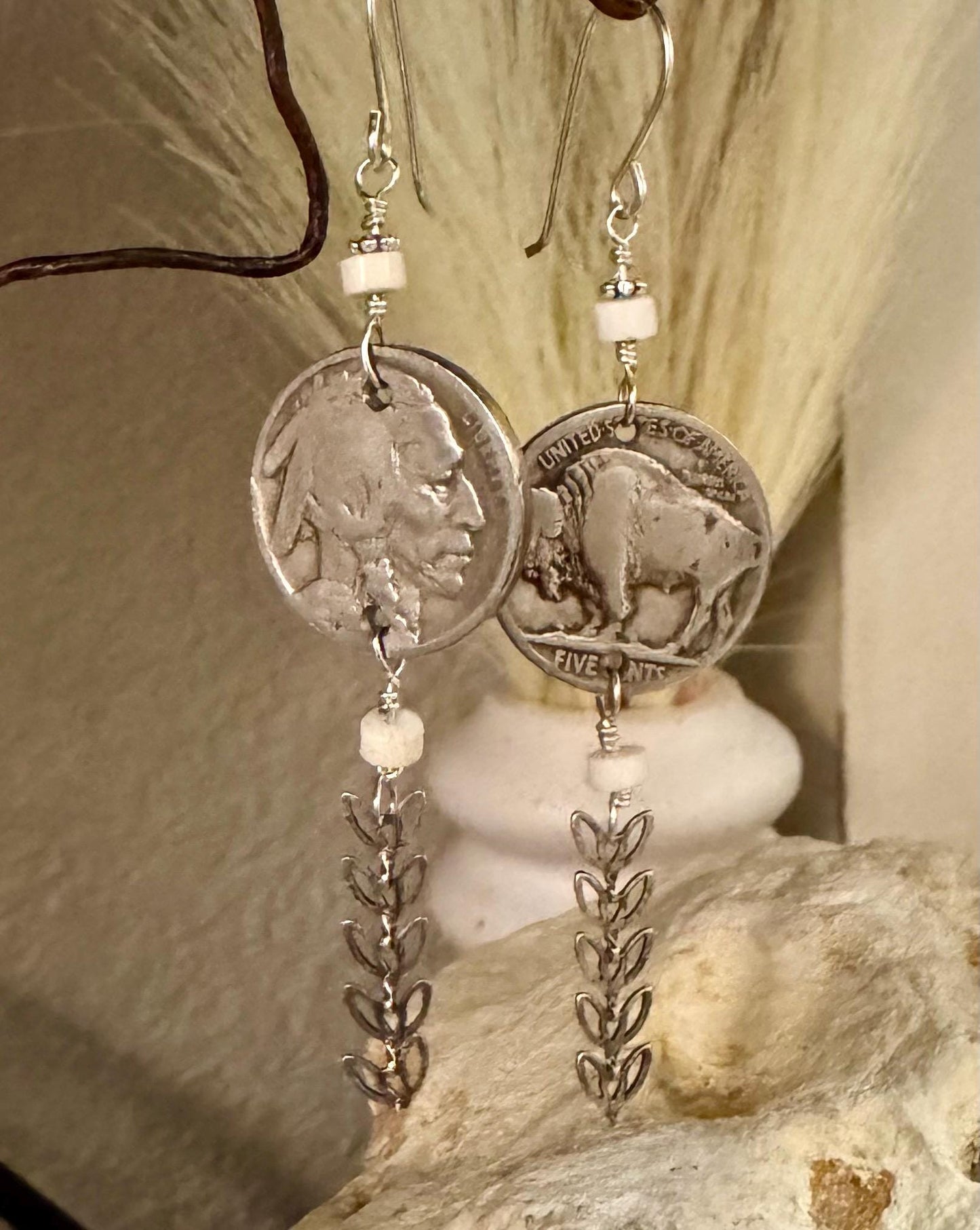 Indian head buffalo nickel earrings with chain and white turquoise gemstone / coin earrings