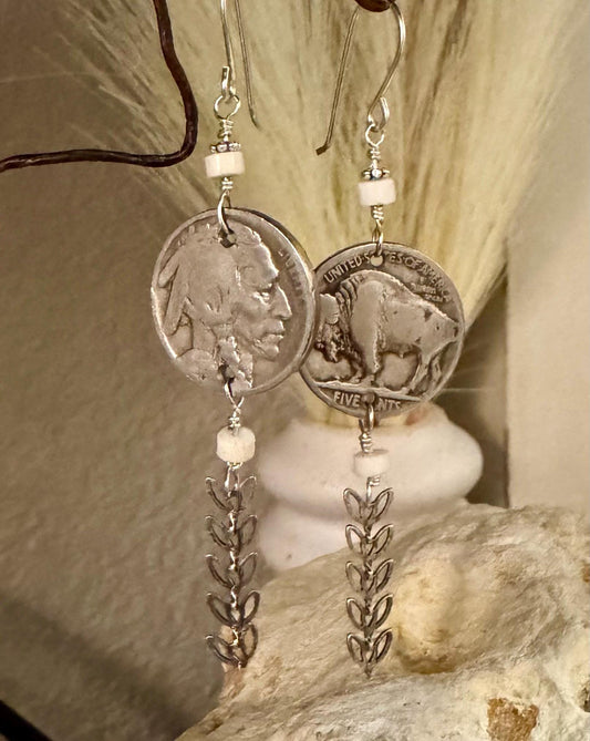Indian head buffalo nickel earrings with chain and white turquoise gemstone / coin earrings