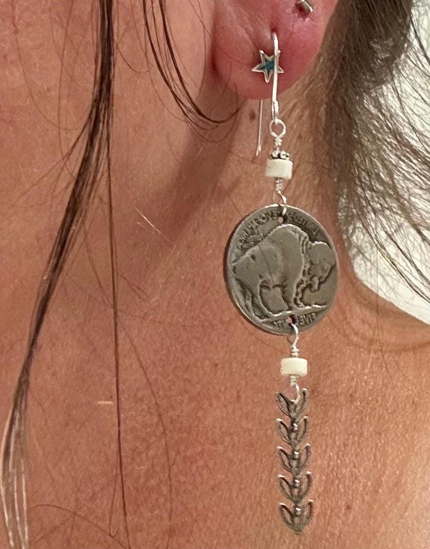 Indian head buffalo nickel earrings with chain and white turquoise gemstone / coin earrings