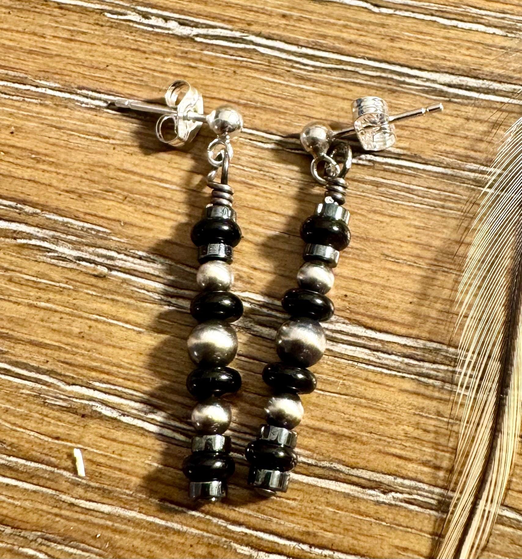 Navajo pearls with hematite and black onyx dangle drop post earrings / tiny sterling silver drop earrings