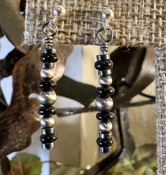 Navajo pearls with hematite and black onyx dangle drop post earrings / tiny sterling silver drop earrings