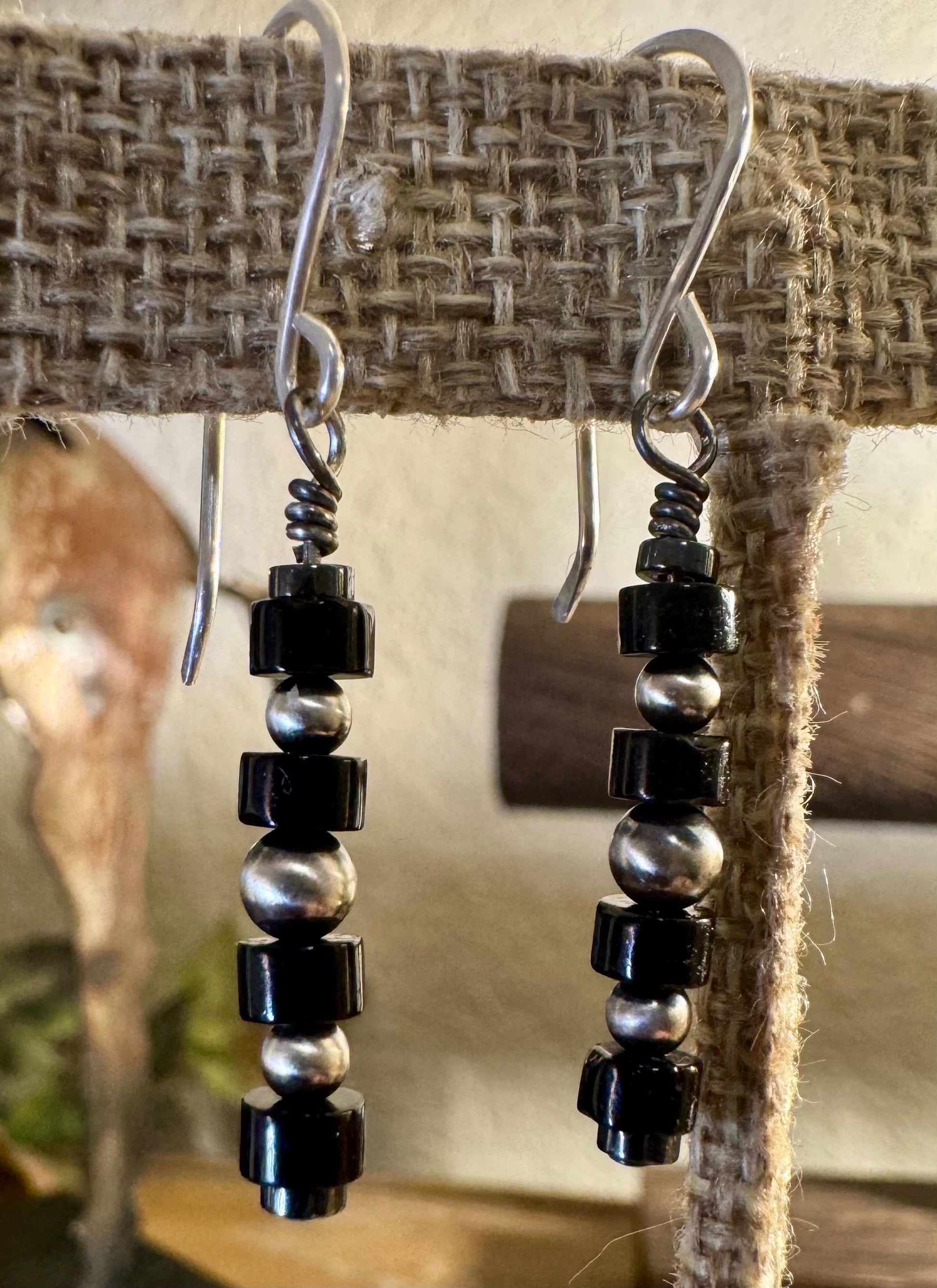 Navajo pearls with hematite and black onyx dangle drop earrings / tiny sterling silver drop earrings