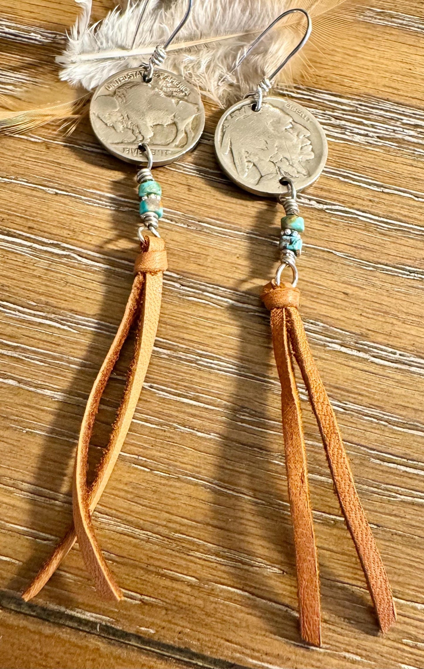 Indian head buffalo nickel earrings with deerskin leather and turquoise gemstone / leather earrings