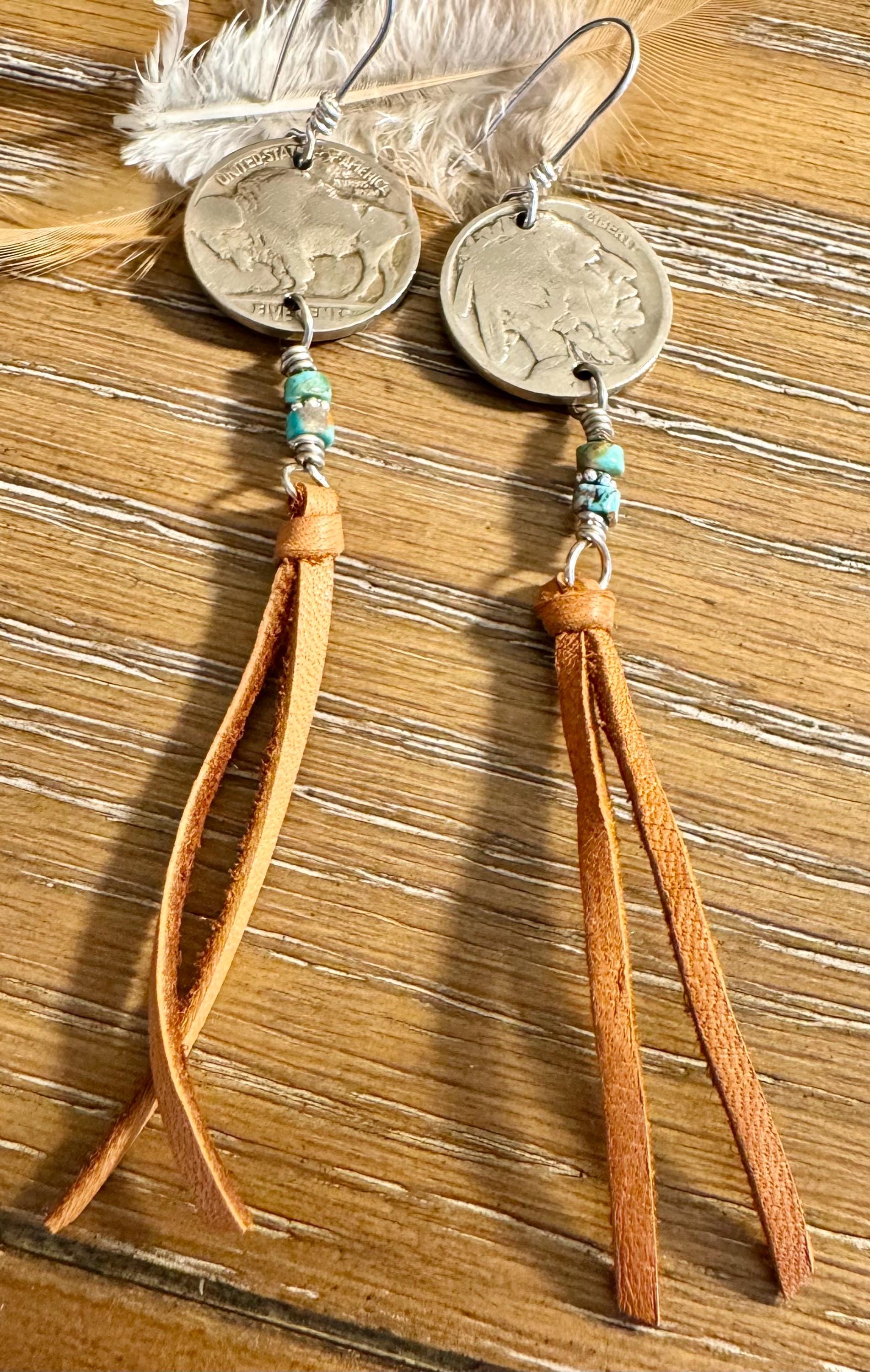 Indian head buffalo nickel earrings with deerskin leather and turquoise gemstone / leather earrings
