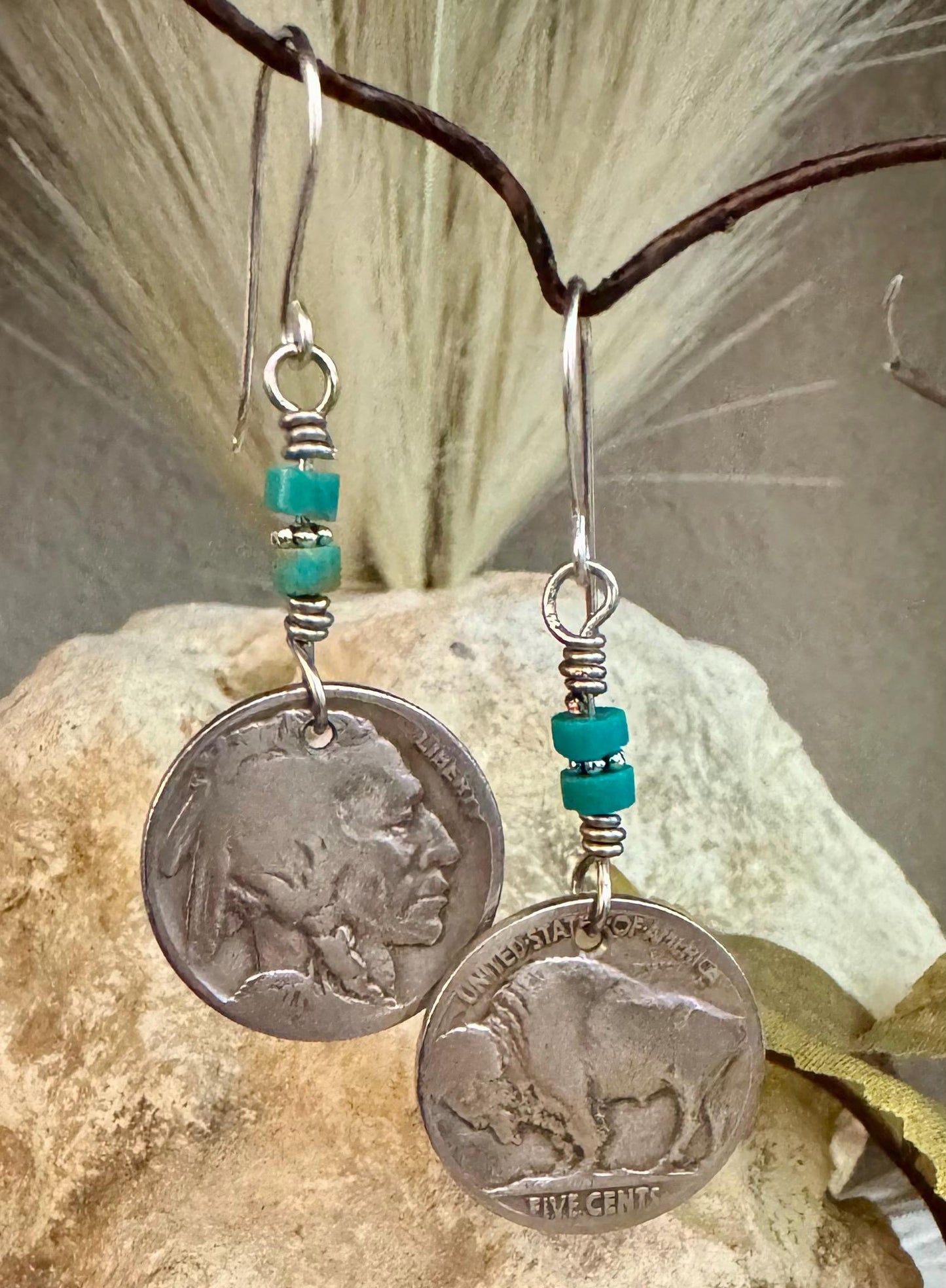 Indian head buffalo nickel earrings with turquoise gemstone / turquoise earrings
