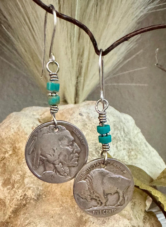 Indian head buffalo nickel earrings with turquoise gemstone / turquoise earrings