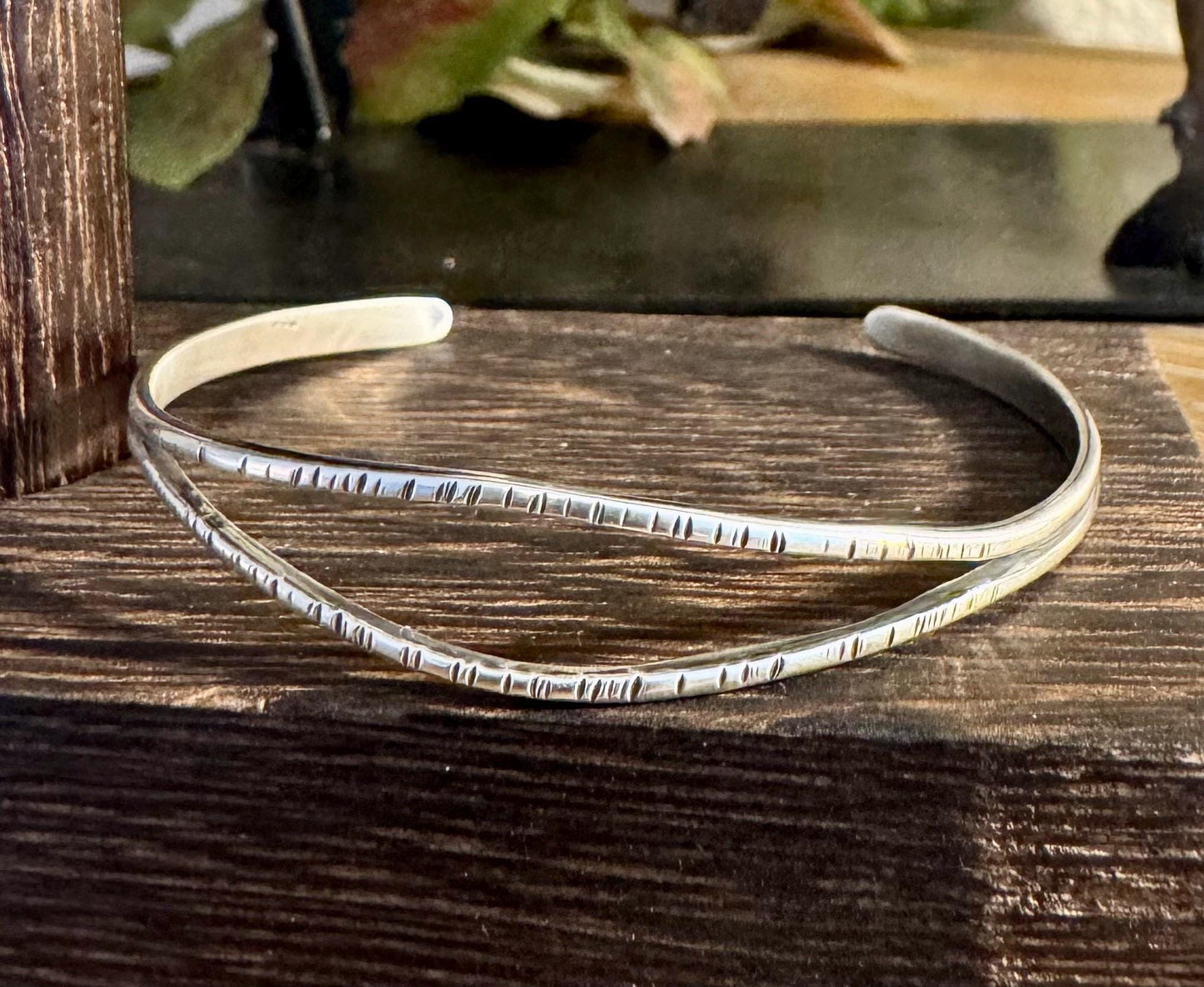 Split center sterling silver hammered cuff bracelet