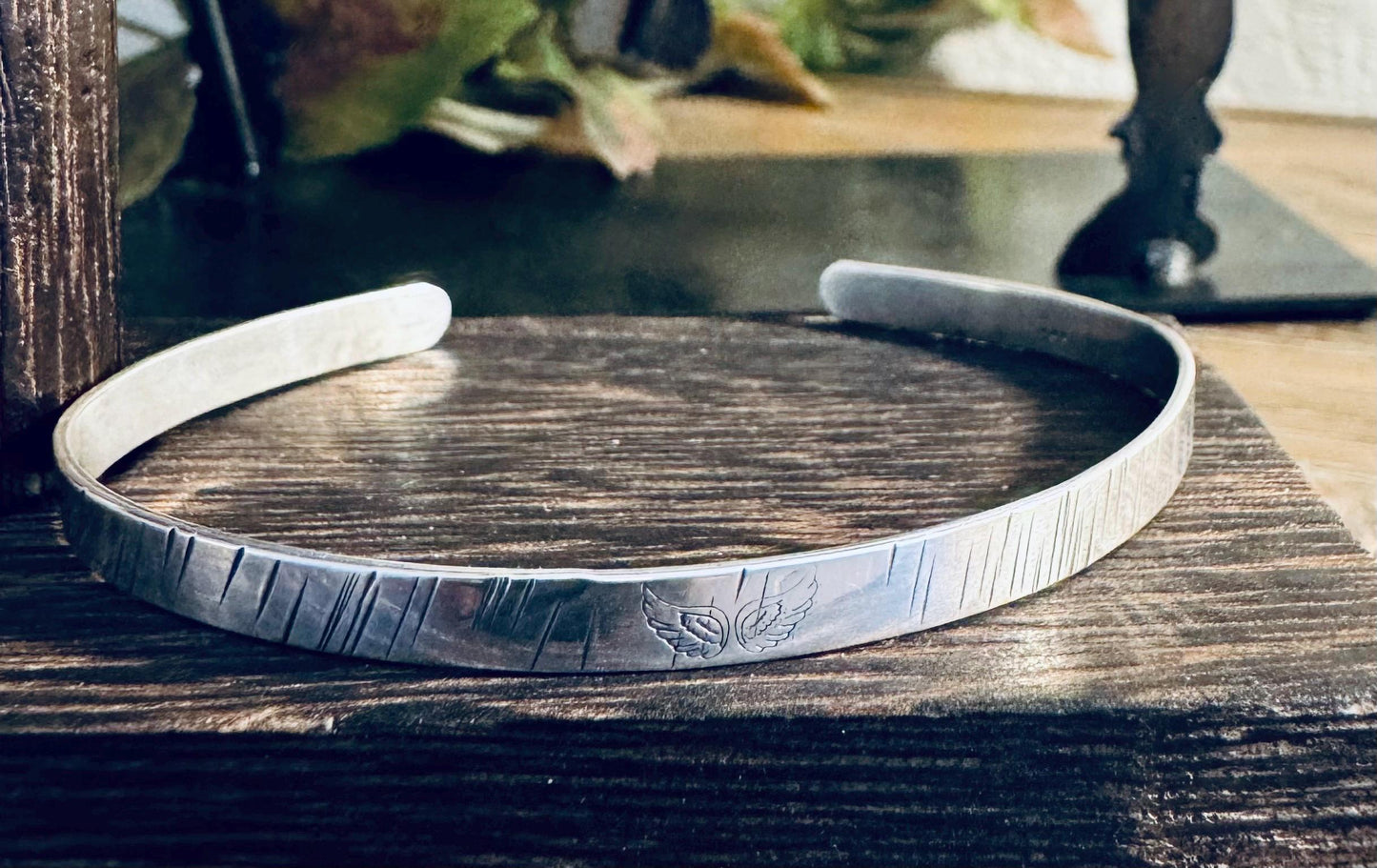 Angel wing stamped sterling silver hammered cuff bracelet