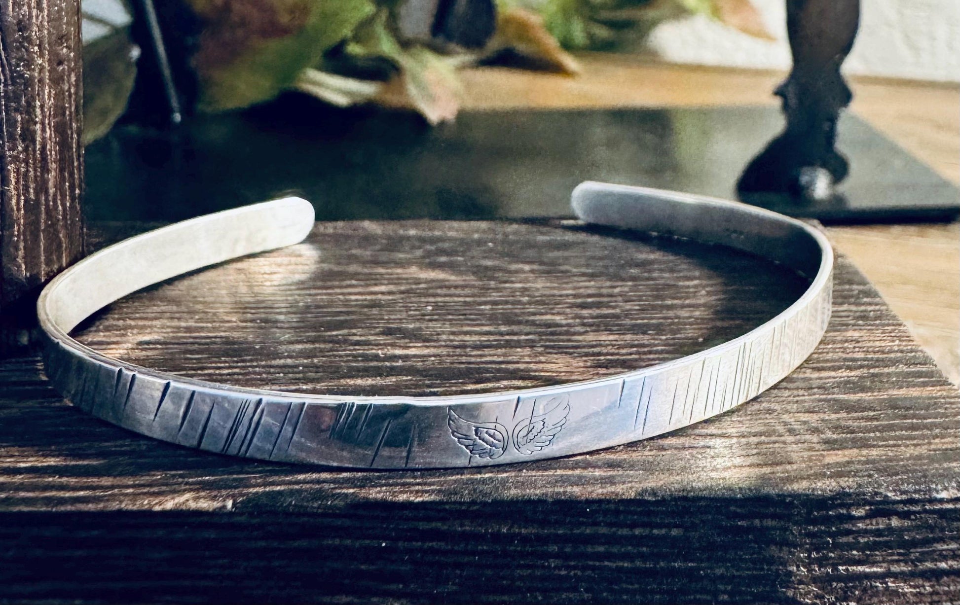 Angel wing stamped sterling silver hammered cuff bracelet