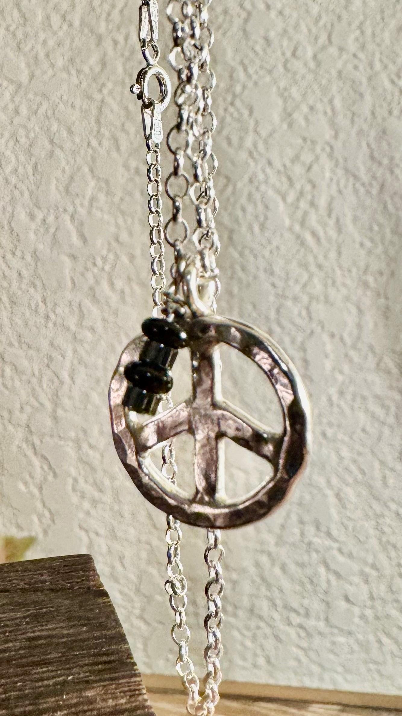 Peace Pendant Necklace, Black Onyx Charm with Hematite Accent, Peace Charm, Onyx Necklace, Peace Necklace, Gift Idea