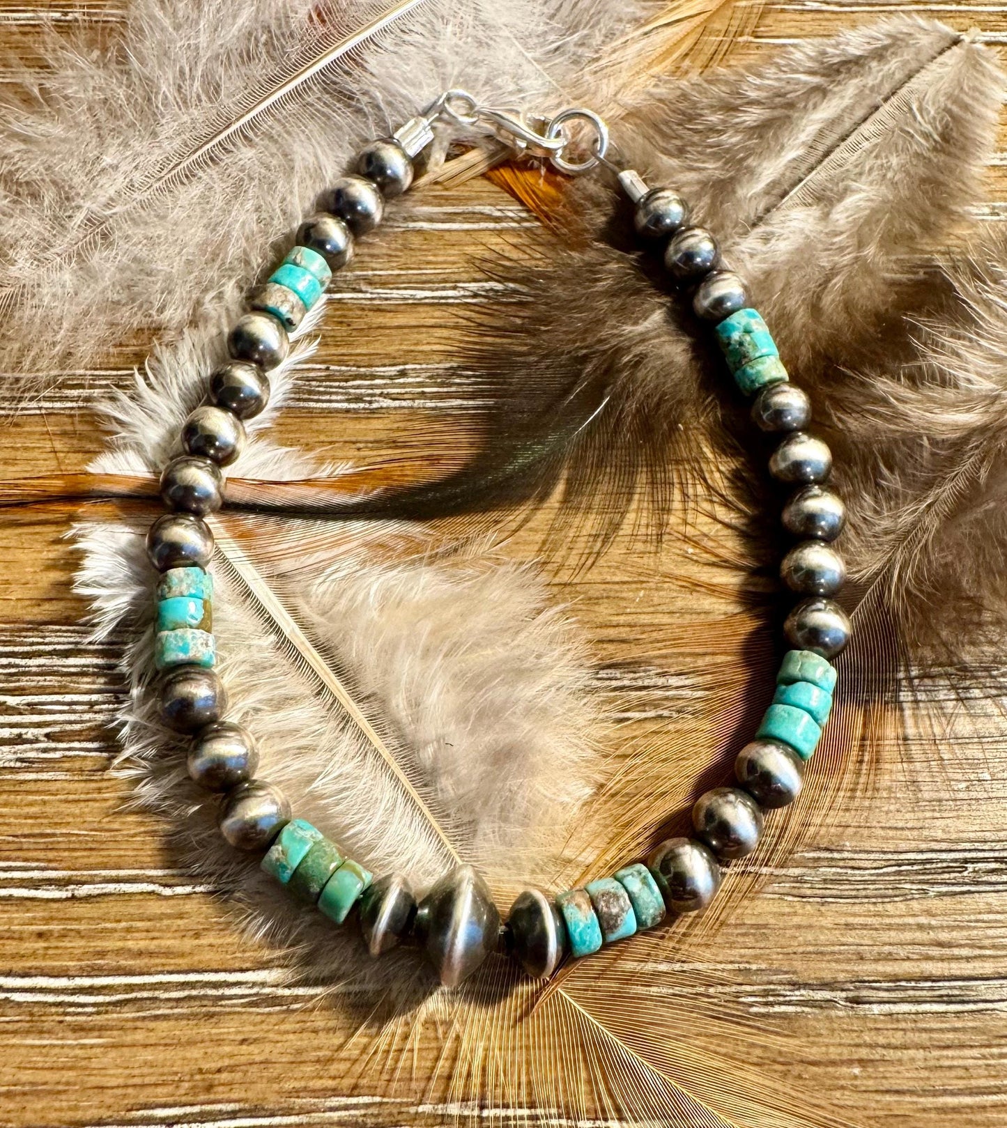 Natural Blue Green Brown Turquoise with Navajo Pearls, Sterling Silver Beaded Jewelry, Gemstone Bracelet, Turquoise Gift