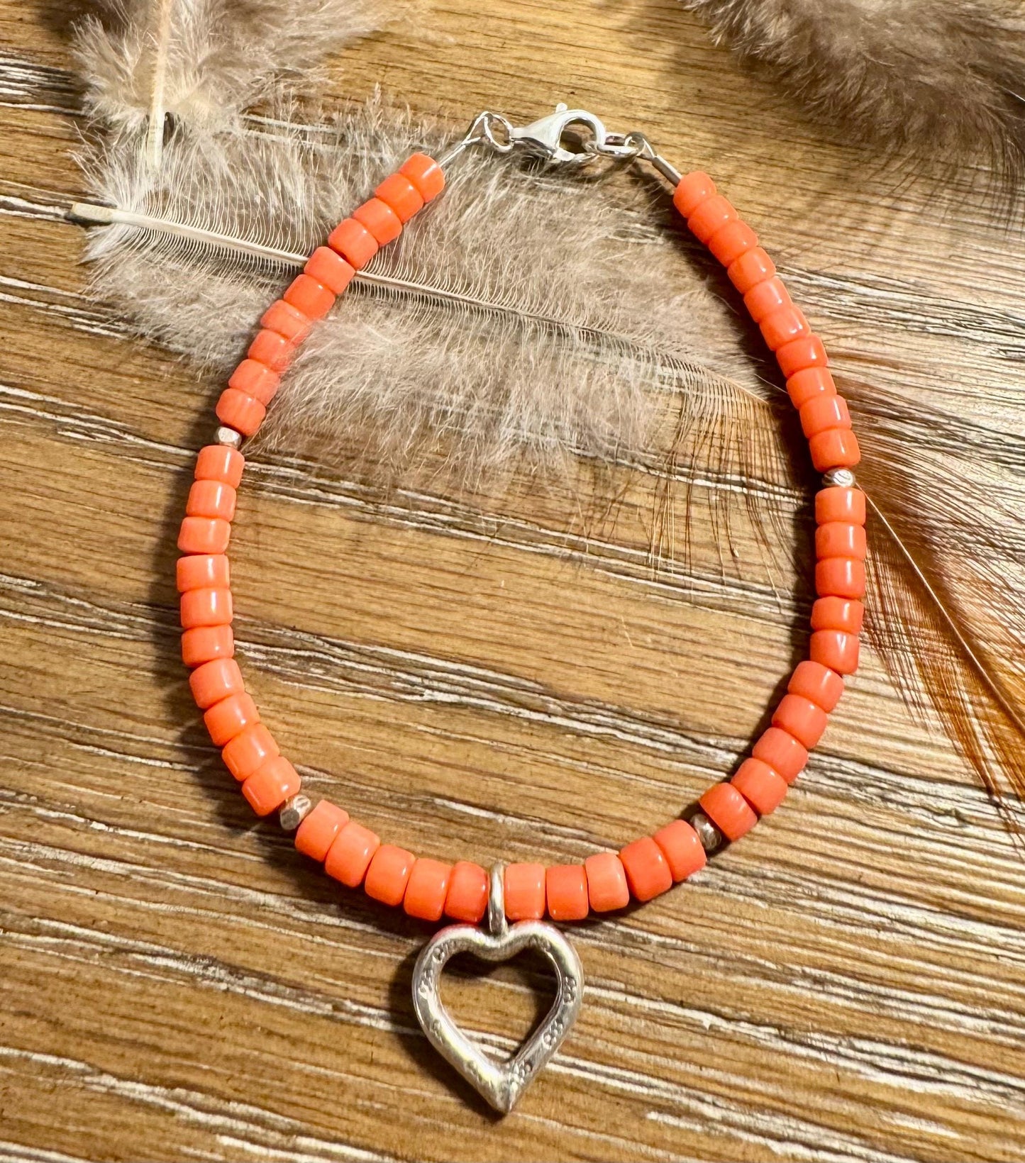 Pink coral bracelet / sterling silver beaded gemstone bracelet