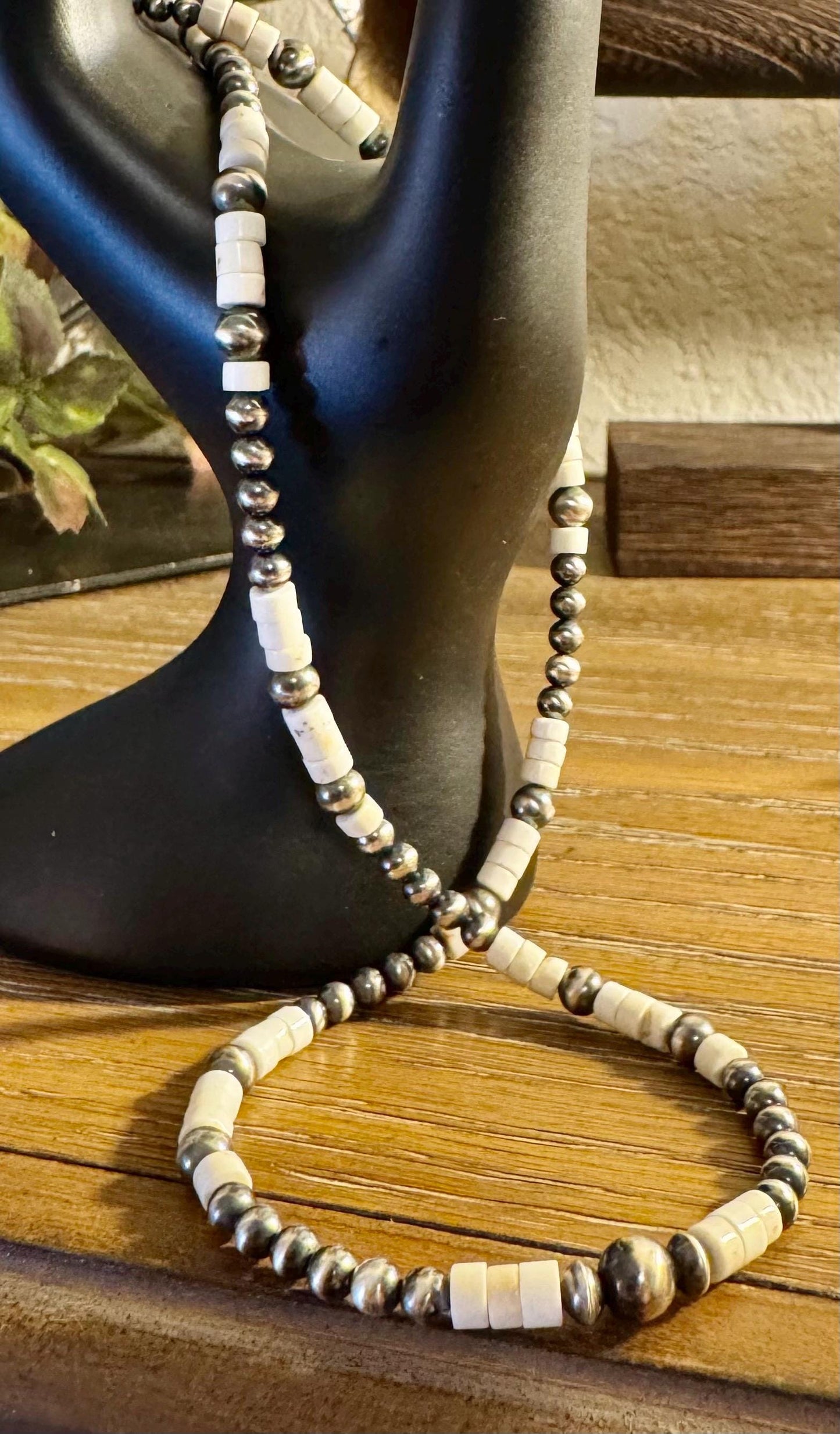 Navajo Pearl and White Turquoise Necklace, Sterling Silver Gemstone Beaded Necklace, Turquoise Choker, Authentic Navajo Pearl Necklace