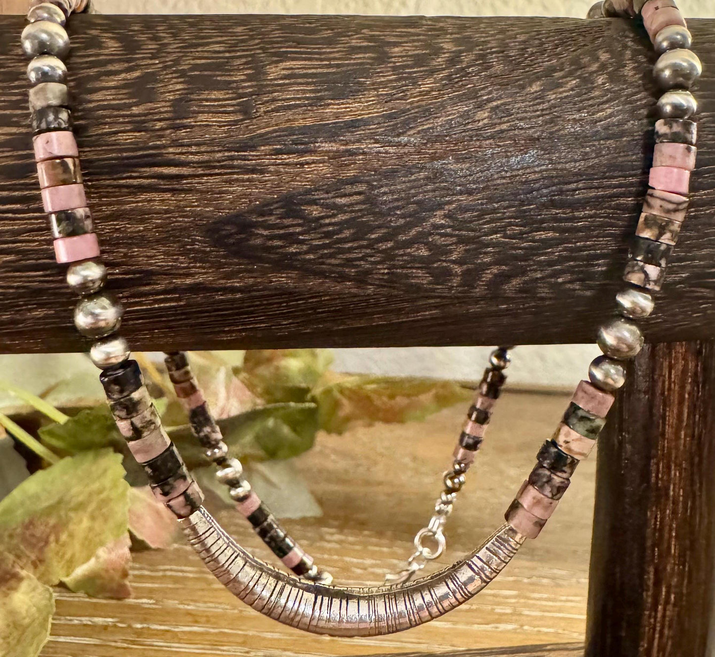 Navajo Pearl and Black Pink Rhodonite Necklace, Beaded Sterling Silver Necklace, Authentic Navajo Pearl Necklace Jewelry