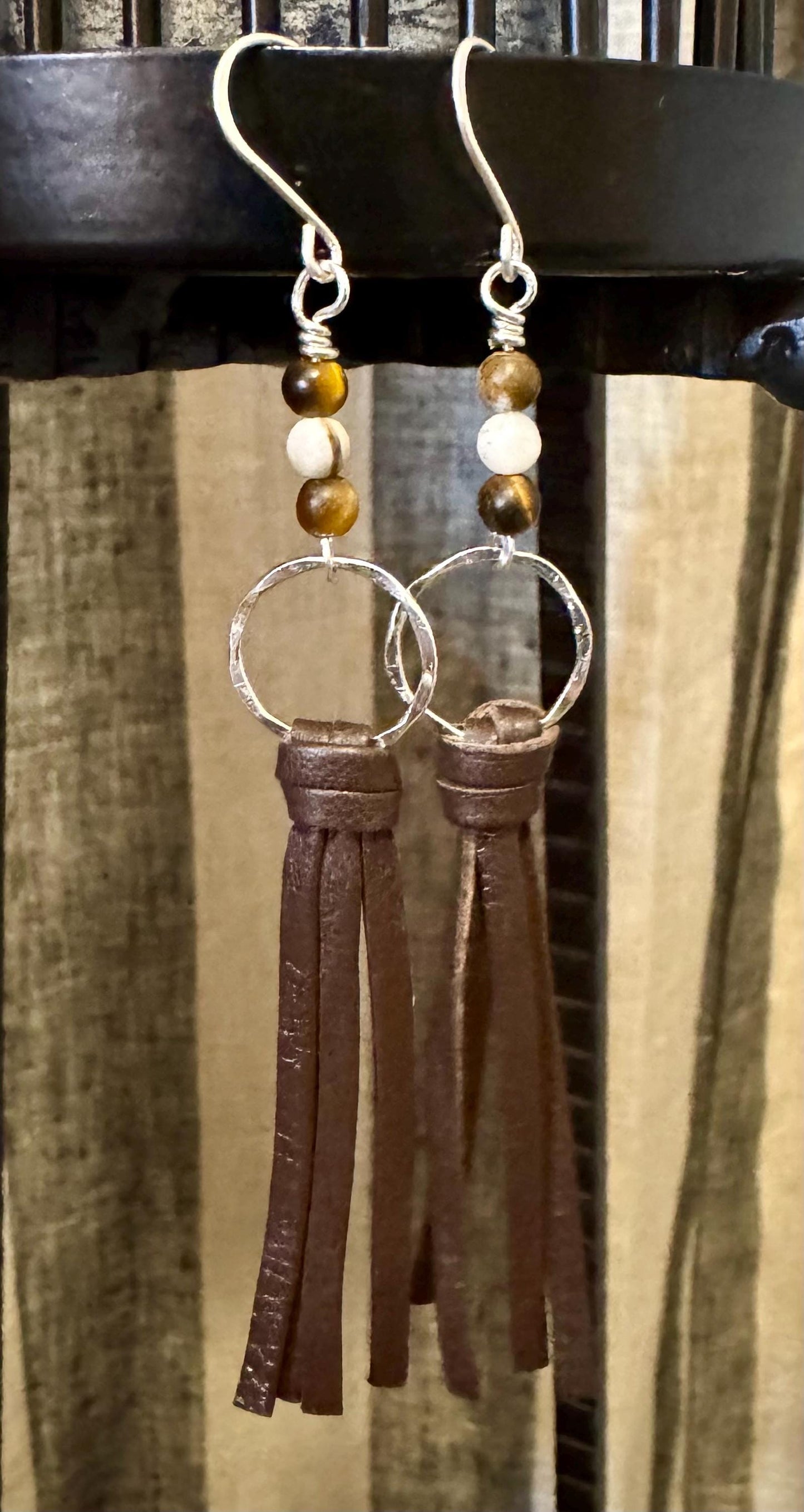 Leather earrings with sterling circle and petrified wood gemstone dangle / genuine leather earrings