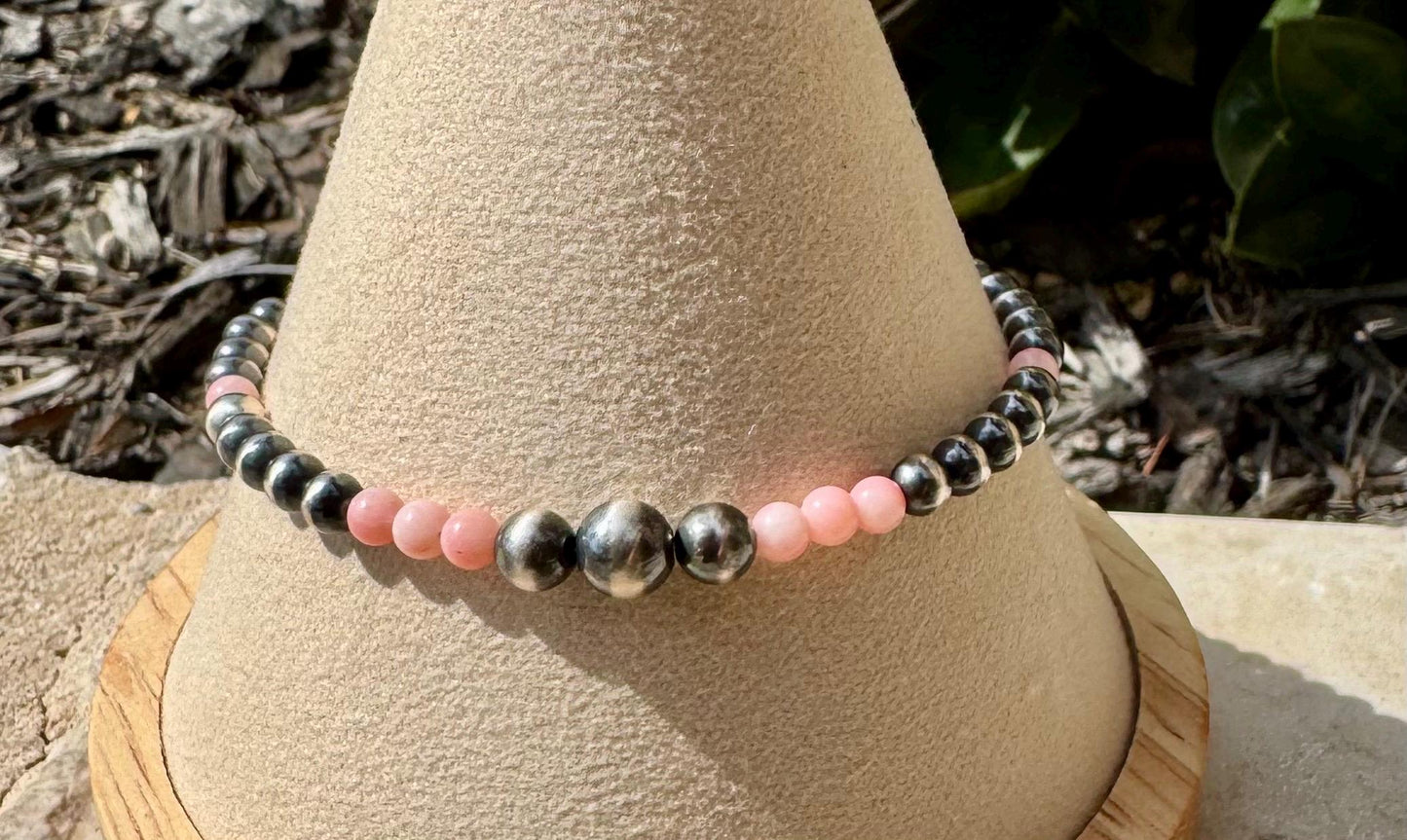Navajo pearl with angel skin pink coral gemstone bracelet / sterling silver beaded gemstone bracelet
