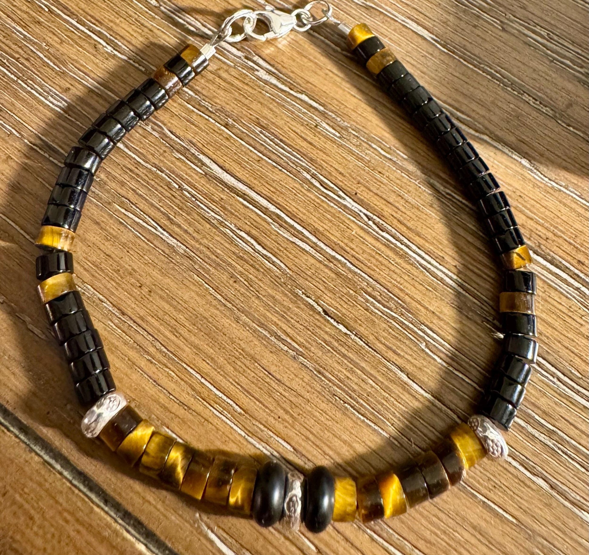 Tiger's eye, black onyx and sterling silver spacers bracelet / gemstone bracelet
