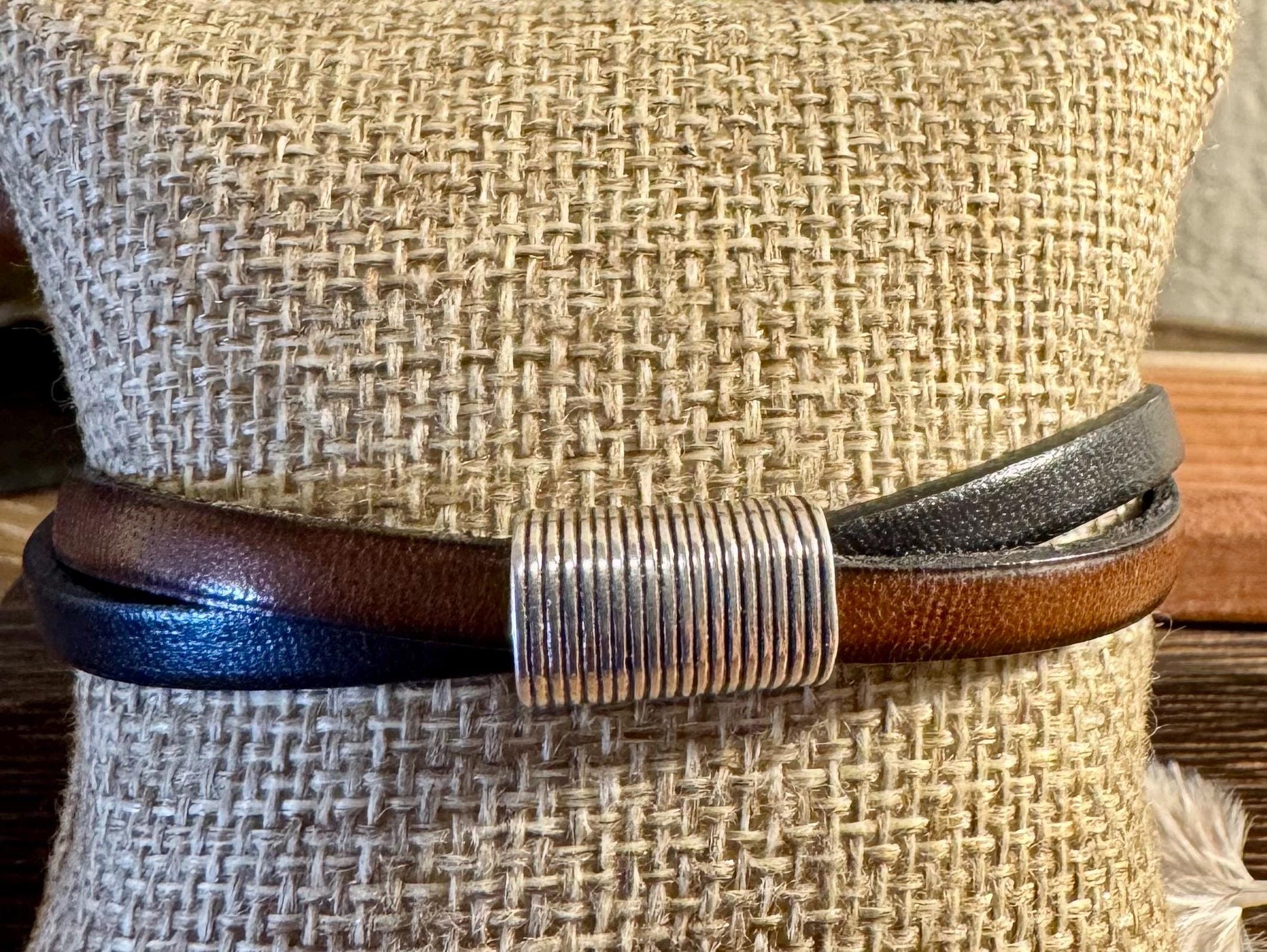 Leather bracelet with magnet closure, dark brown and black leather crossover / genuine leather bracelet
