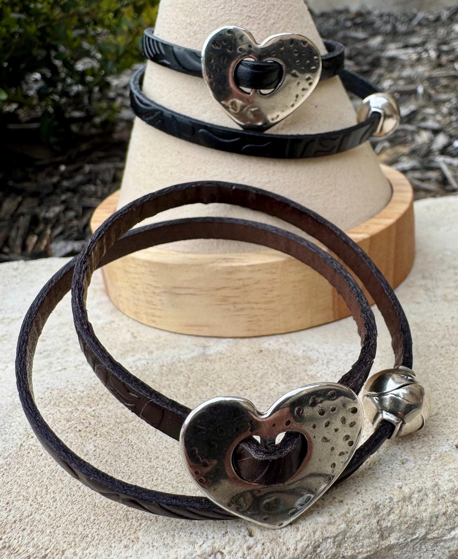 Leather wrap leather bracelet with heart pendant bracelet and magnet closure / embossed flower pattern or plain leather option