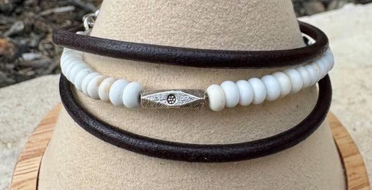 White turquoise leather wrap bracelet, genuine leather