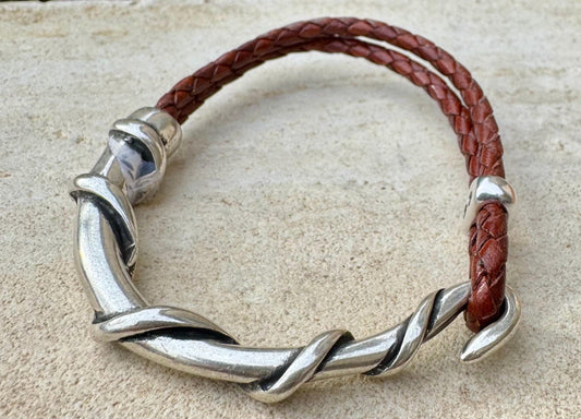Braided leather wrap bracelet with silver half cuff / genuine leather cuff wrap bracelet