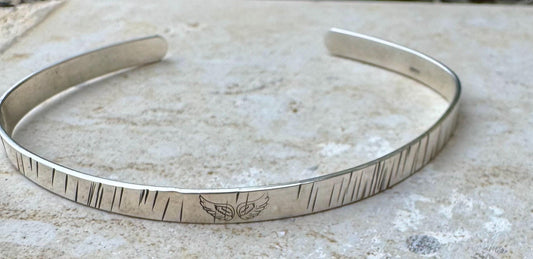 Angel wing stamped sterling silver hammered cuff bracelet