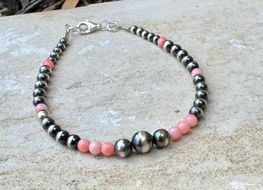 Navajo pearl with angel skin pink coral gemstone bracelet / sterling silver beaded gemstone bracelet