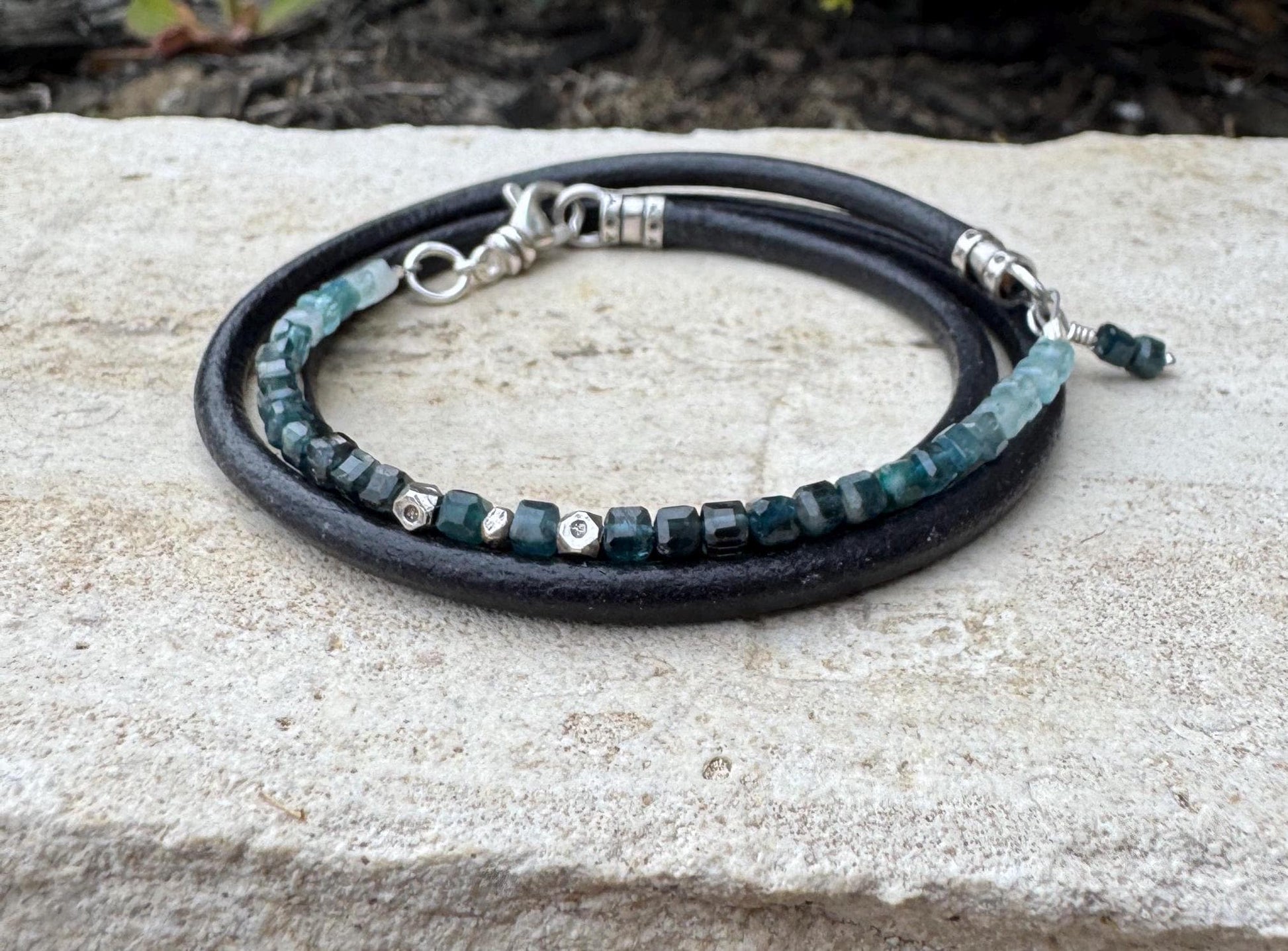 Leather wrap bracelet with Tourmaline Paraiba Blue gemstones / beads