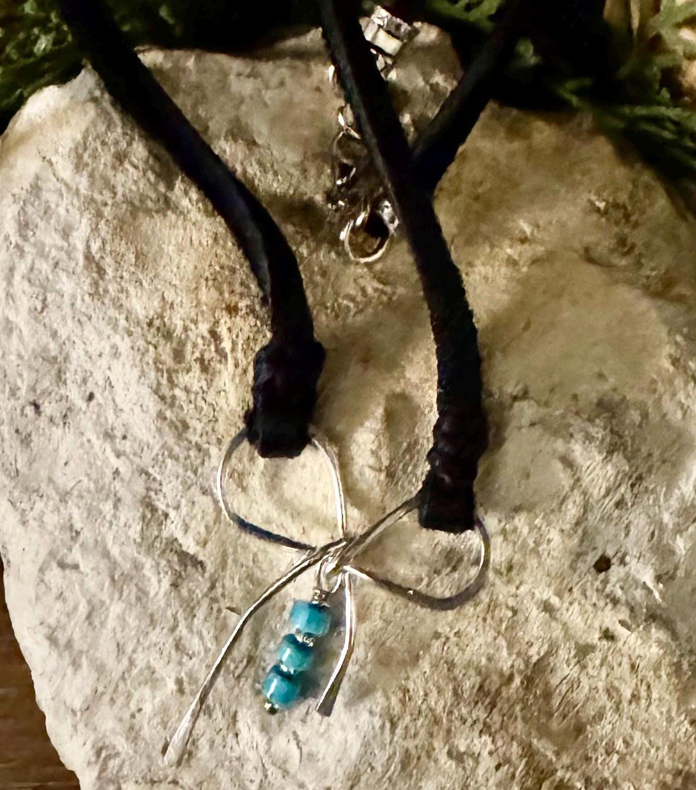 Dainty little silver handmade bow on genuine deerskin single leather lace with turquoise dangle