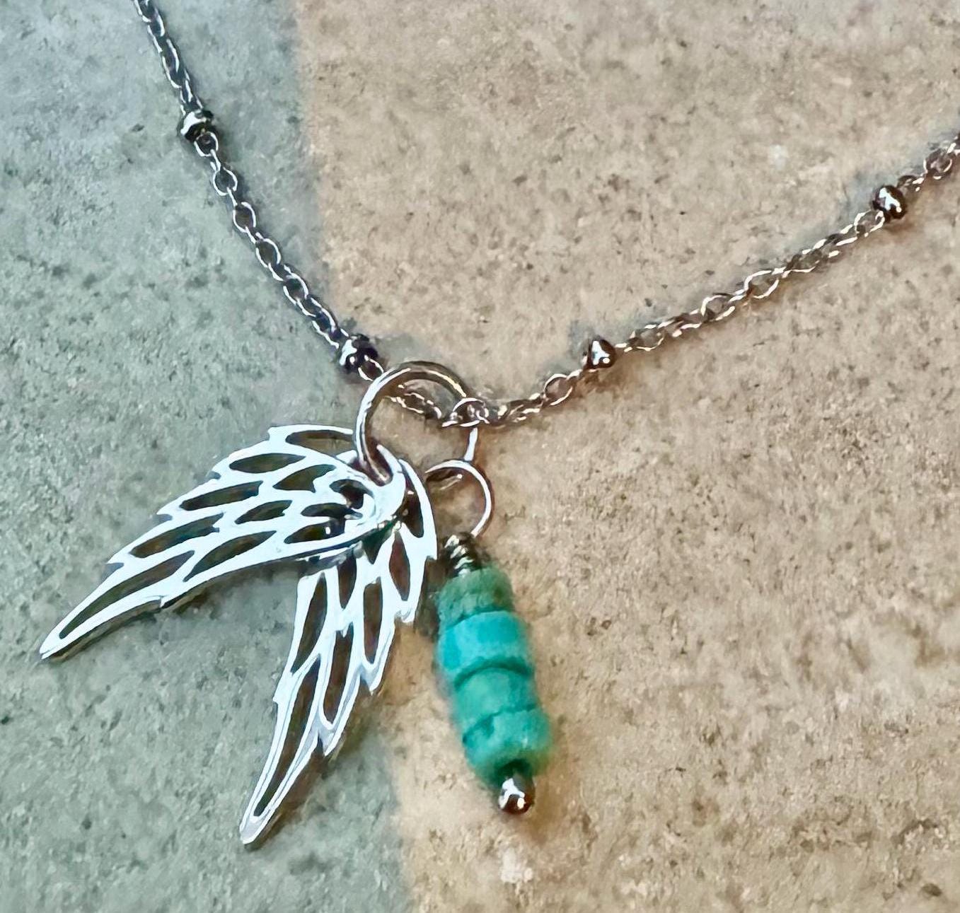 Delicate angel wings pendant / charm and turquoise dangle / accent necklace