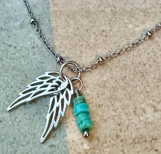 Delicate angel wings pendant / charm and turquoise dangle / accent necklace