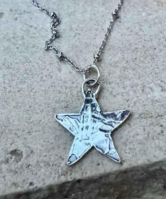 Sterling silver satellite chain necklace with delicate hammered star pendant / charm