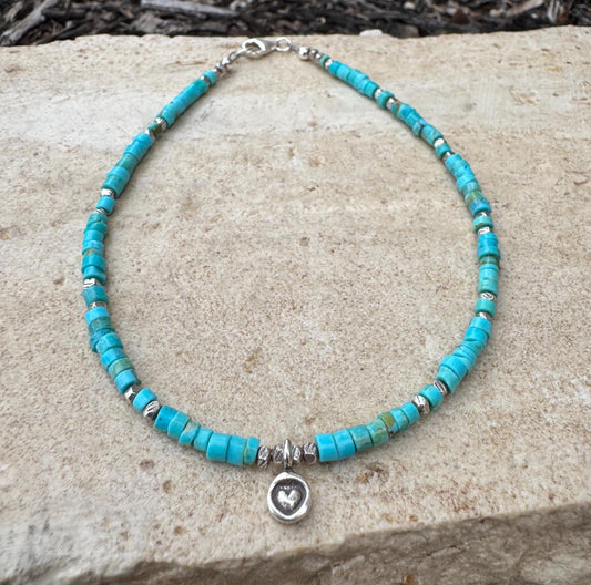 Turquoise Sterling Silver Ankle Bracelet, Heart Charm Ankle Bracelet, Sterling Ankle Jewelry, Gift for Her, Ankle Accessory, Gift Idea