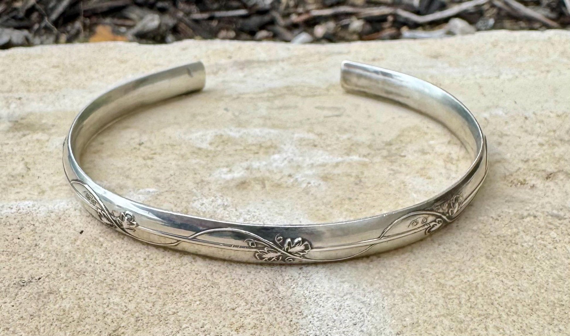 Flower and vine sterling silver cuff bracelet