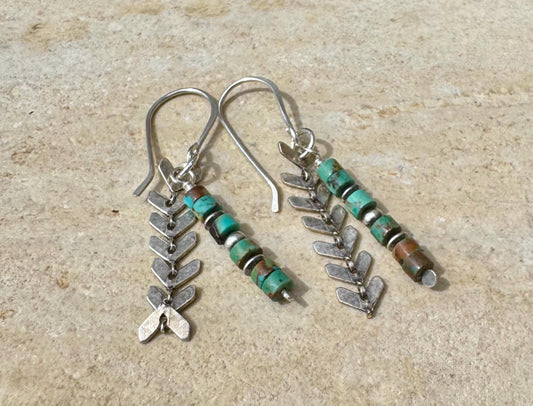 Navajo pearls with turquoise dangle drop earrings and chevron chain
