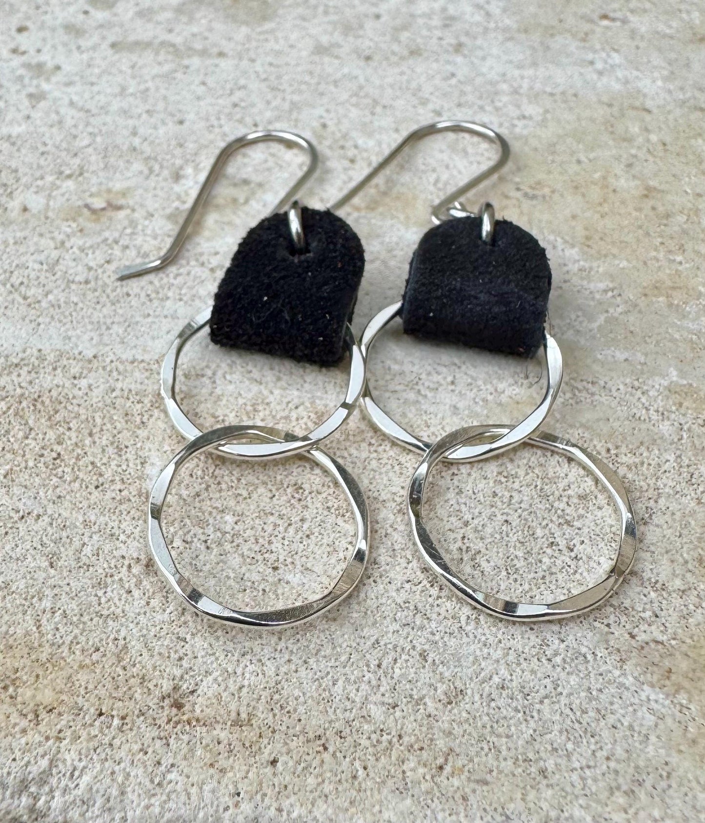 Suede leather earrings with sterling silver circle dangles / genuine leather earrings