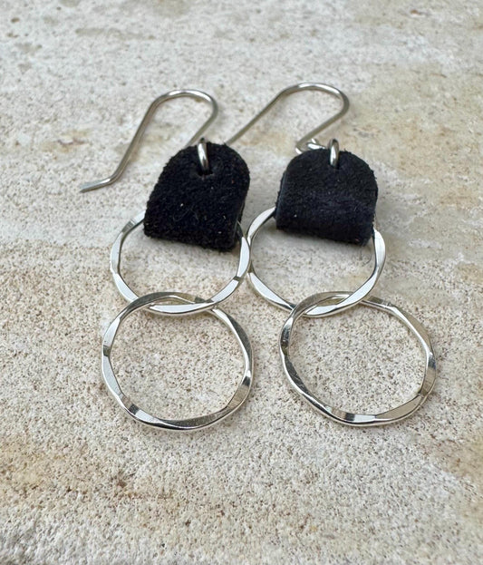 Suede leather earrings with sterling silver circle dangles / genuine leather earrings