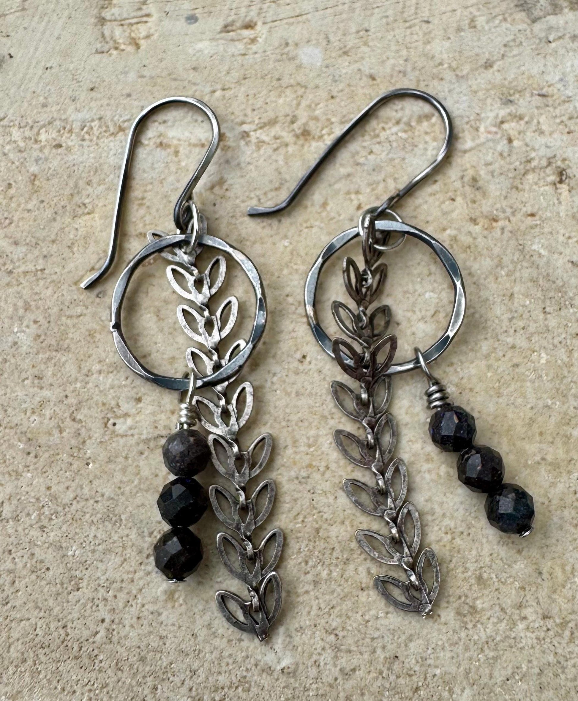 Australian Black opal dangle earrings with circle and chevron chain