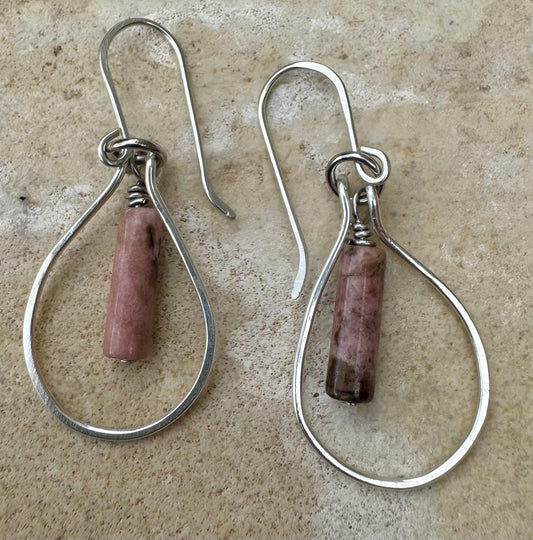 Black pink rhodonite gemstone with sterling silver teardrop style dangle