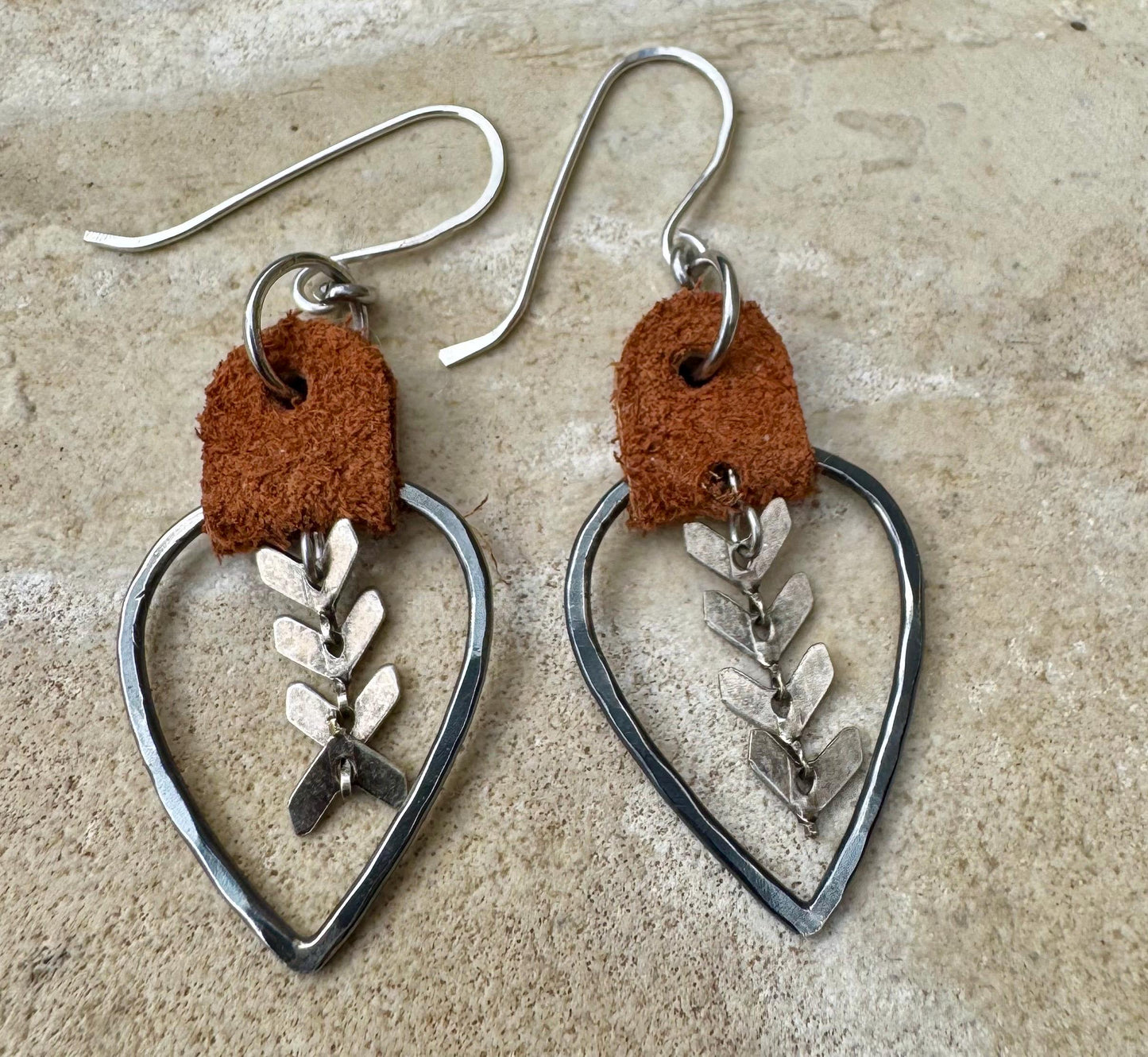 Leather teardrop earrings with chevron chain / genuine suede leather earrings