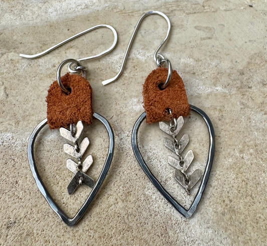 Leather teardrop earrings with chevron chain / genuine suede leather earrings