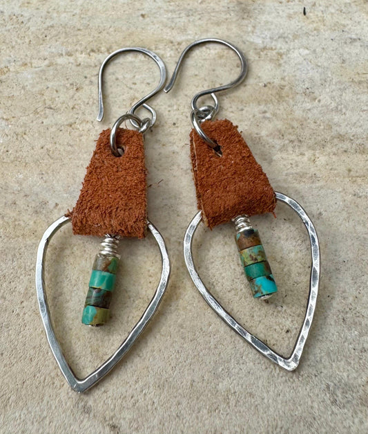 Leather earrings teardrop style with turquoise / genuine suede leather earrings