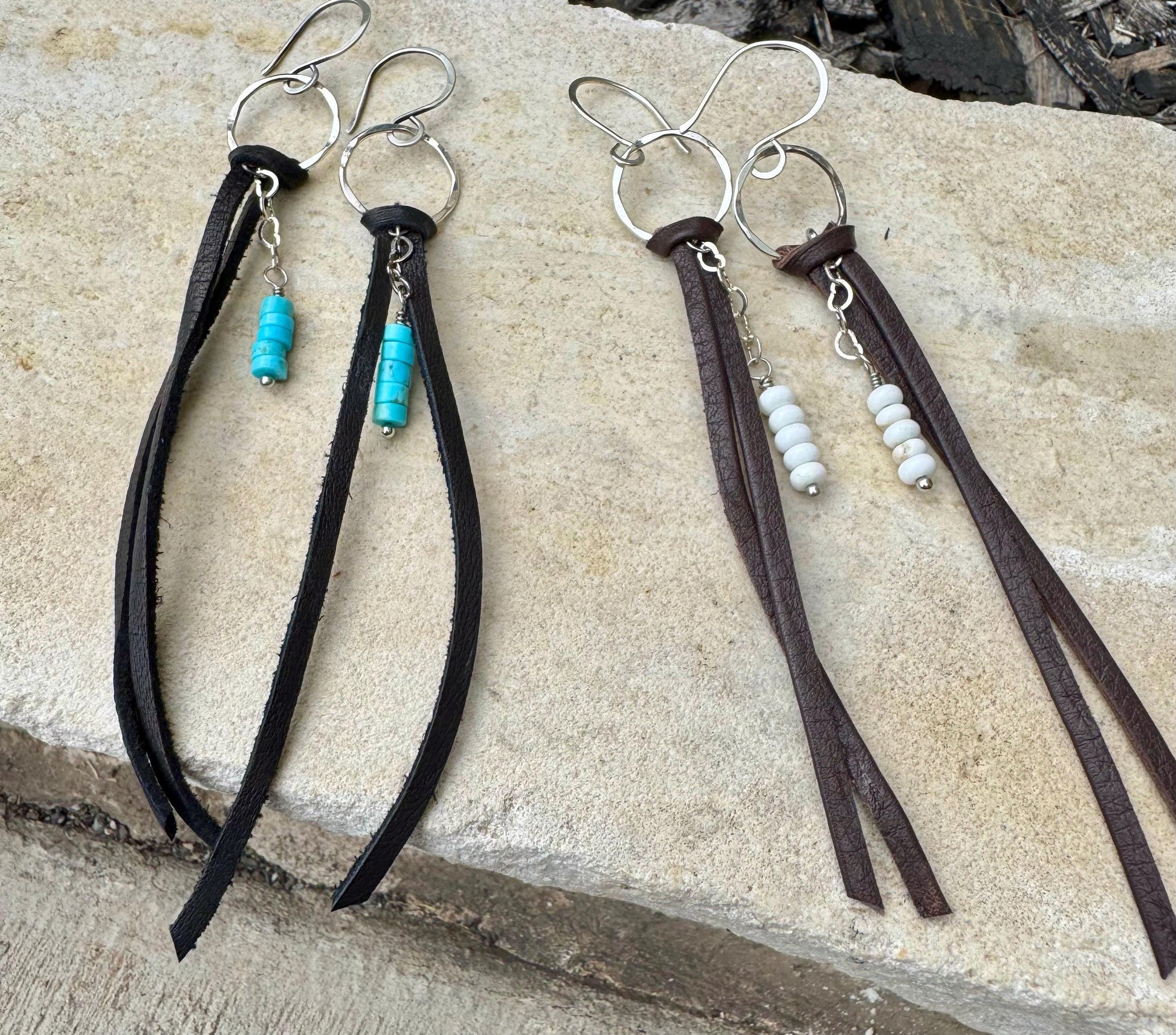 Leather earrings with heart chain and turquoise gemstone dangle / genuine leather earrings