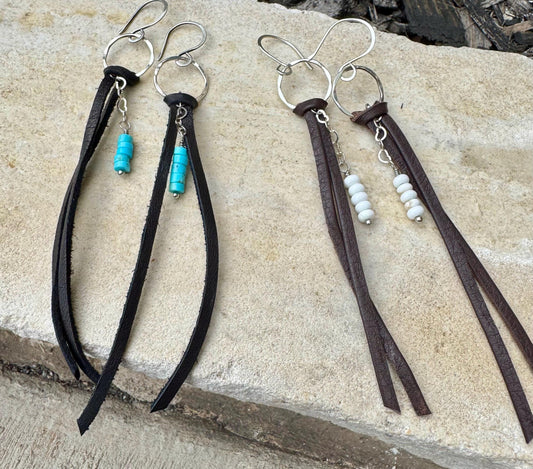 Leather earrings with heart chain and turquoise gemstone dangle / genuine leather earrings