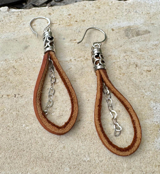 Leather earrings with heart chain / genuine leather earrings
