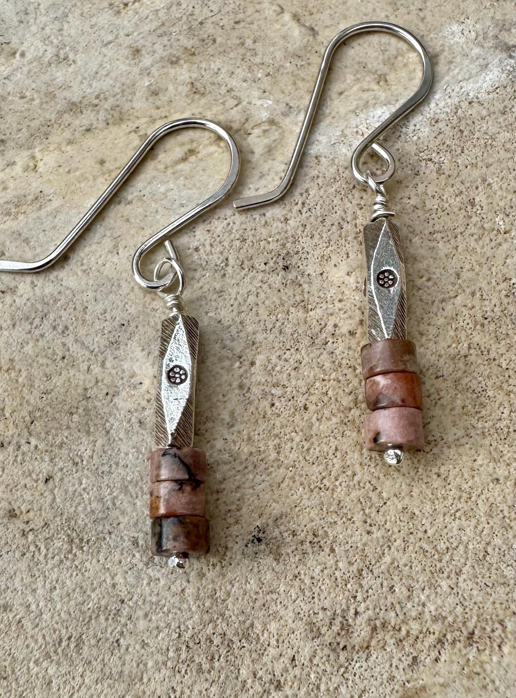 Sterling Silver dangle earrings with gemstone and sterling tube spacer