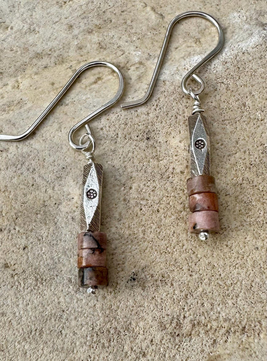 Sterling Silver dangle earrings with gemstone and sterling tube spacer