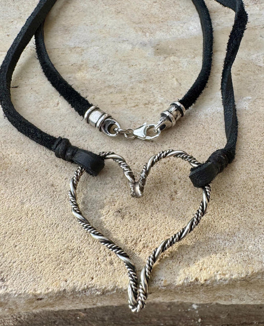 Twisted wire sterling silver heart on deerskin leather lace necklace