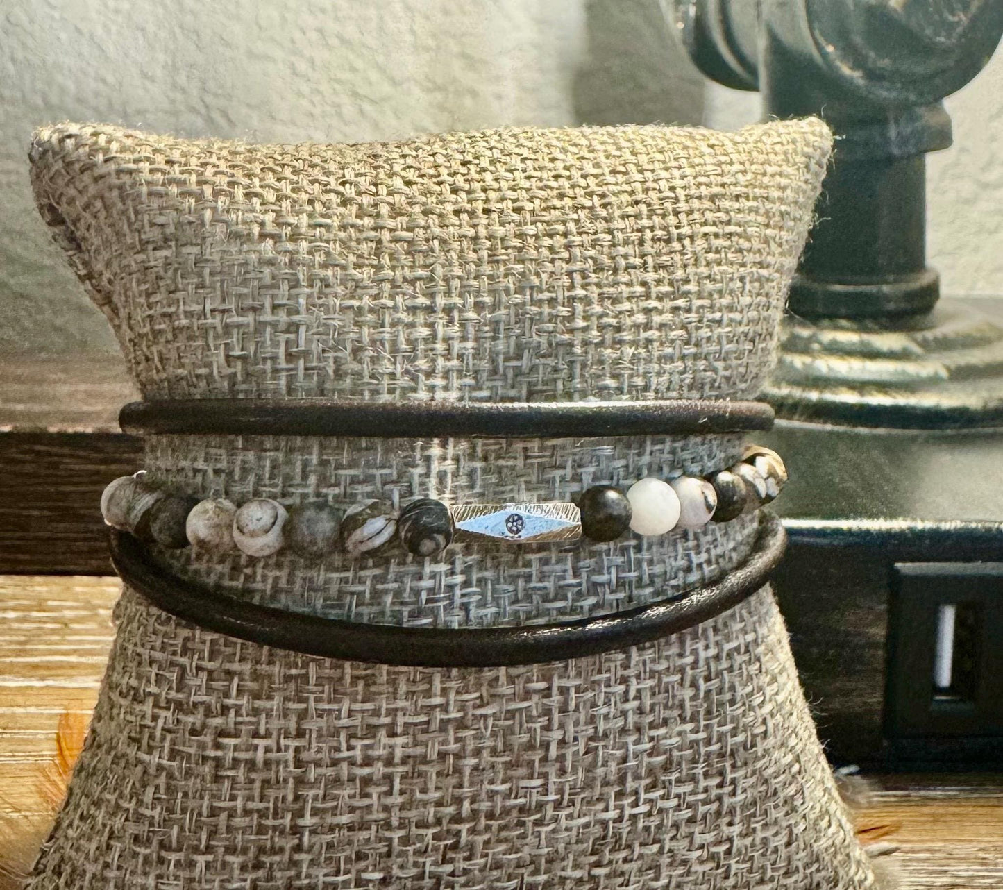 Leather wrap bracelet with petrified opal wood half cuff gemstones / beads